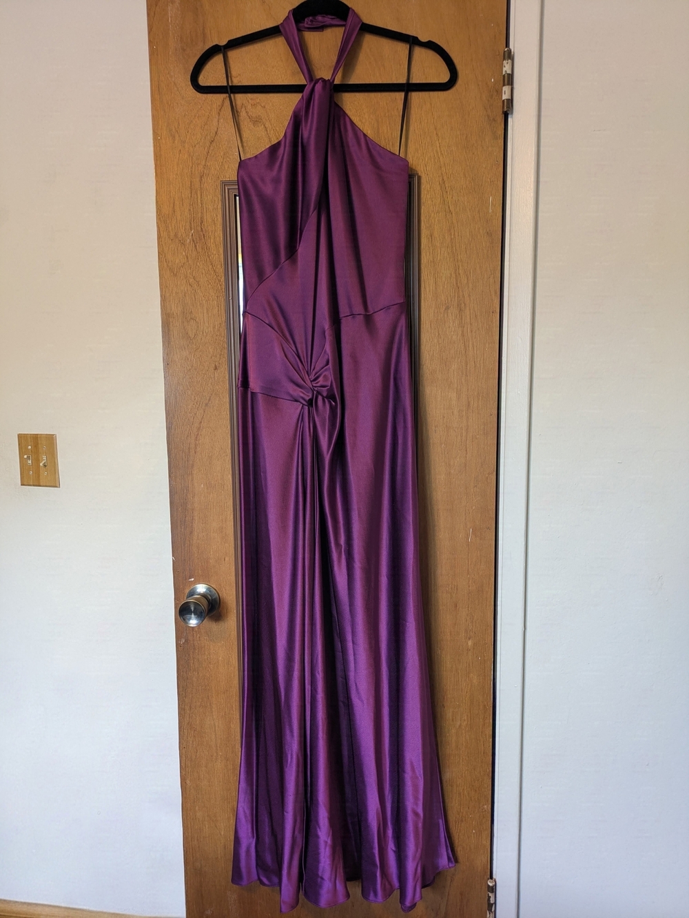 ABS Allen Schwartz Purple Halter Ruche Dress with Twist Detail
